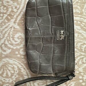Coach Black Croc-Embossed Leather Wristlet with Wrist Strap